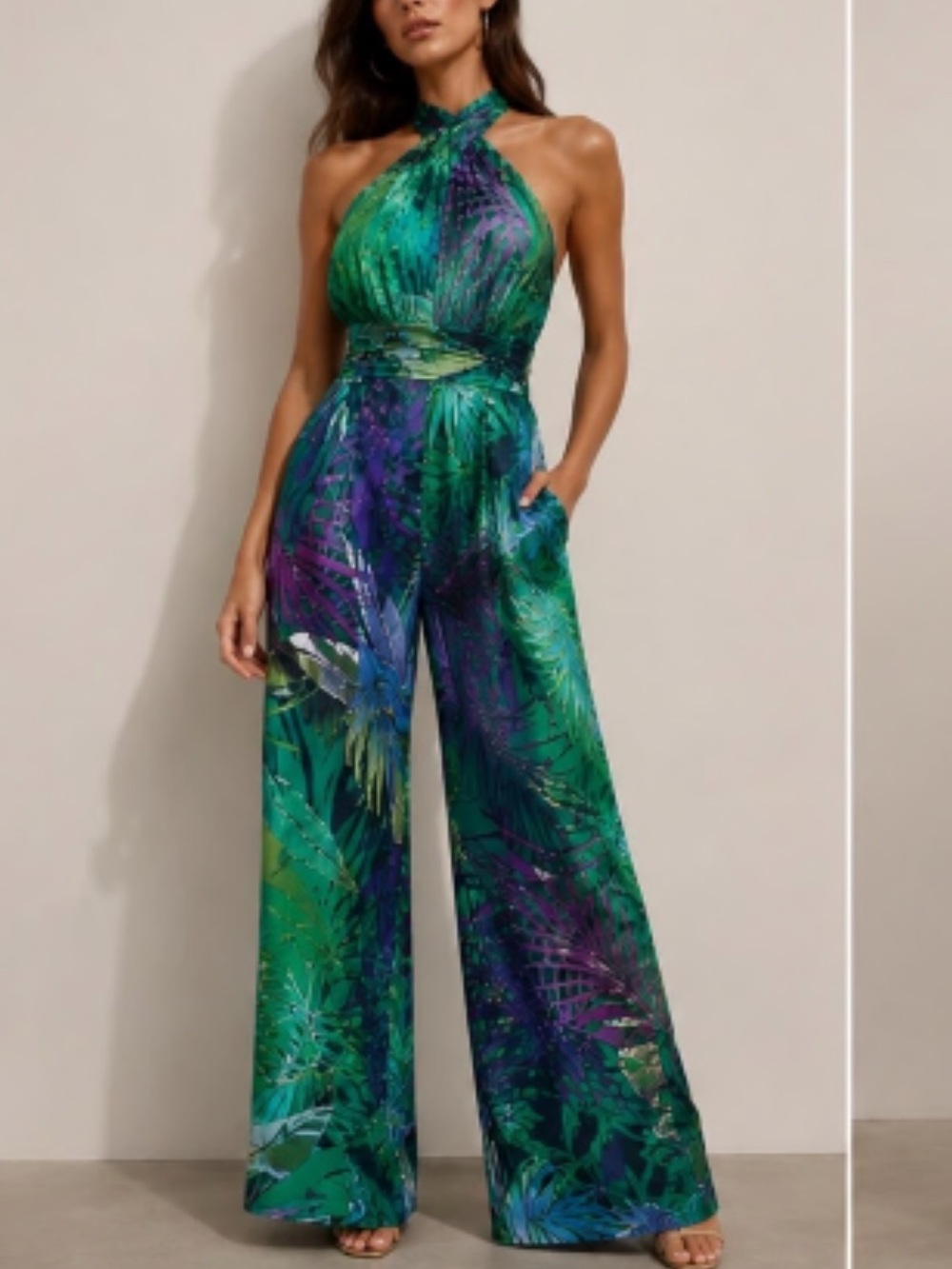 Zara Green Tropical Halter Jumpsuit with Purple & Blue Accents